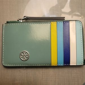 New w Tags Tory Burch top zip Leather Card Case in Patina Green